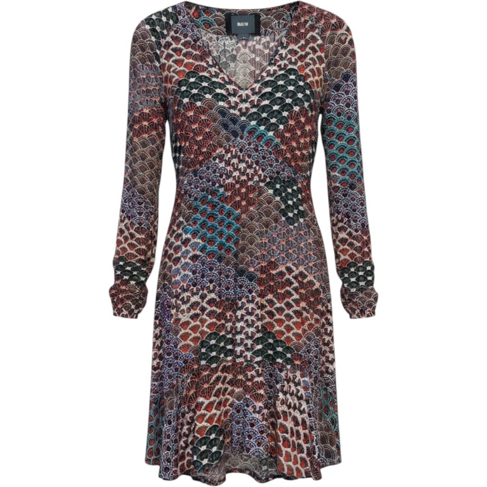 Maeve Monaco Peacock Dress M Long Sleeve Multicolor Boho Maximalist V-Neck‎
